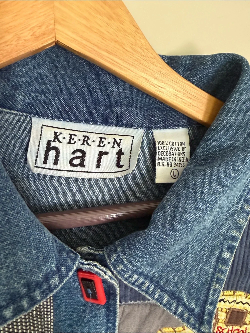 Vintage KEREN Hart Patchwork Denim Jacket Colorful School Teacher Motifs Sz L - Picture 2 of 3